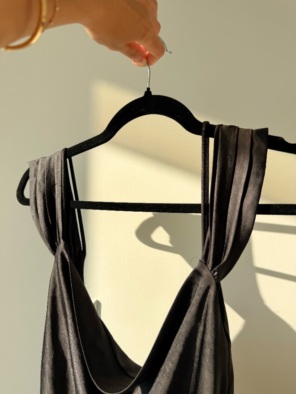 Meshki Black Satin Maxi Dress with Leg Slit & Dropped Back